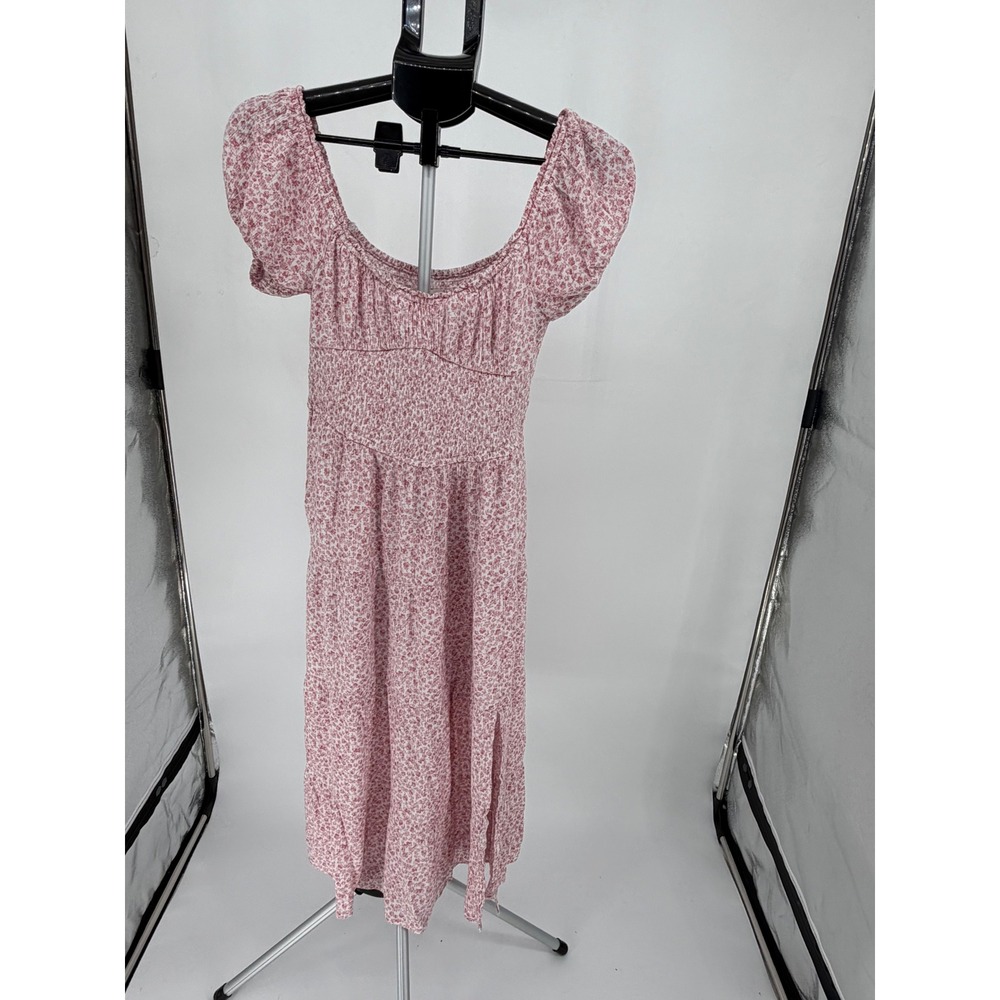 Aeropostale Midi Dress Women Size M Pink Floral Excellent Smocked Puff Sleeve